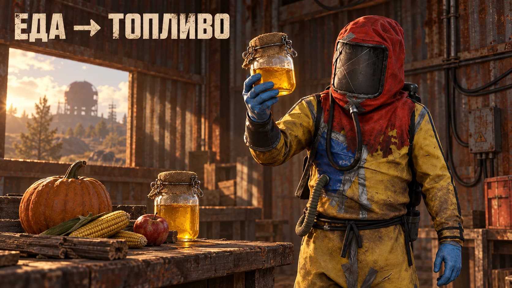 Hazmat from Rust with a can of Low Grade Fuel next to food — illustration of food conversion into biofuel