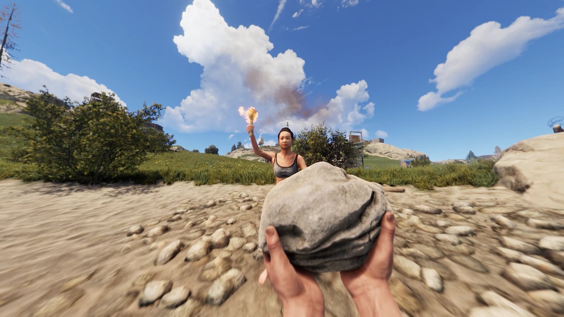 Players on the PvE server Rust are building a settlement together.