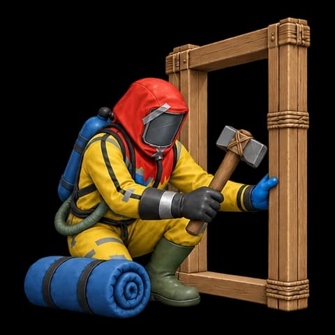 Hazmat suit with a stone hatchet, sleeping bag, and doorway of the first base
