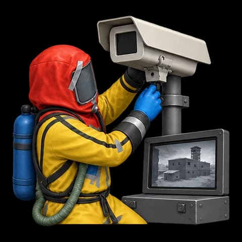 Hazmat is setting up a CCTV camera next to the computer station.