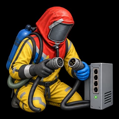 Hazmat is checking the disconnected cables of the terminal