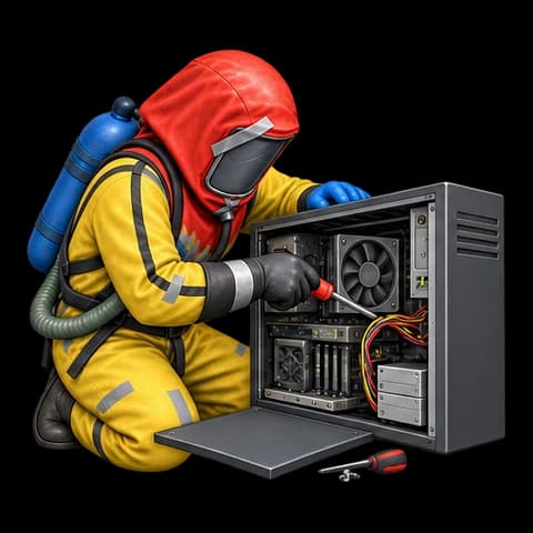 Hazmat repairs the computer with a screwdriver