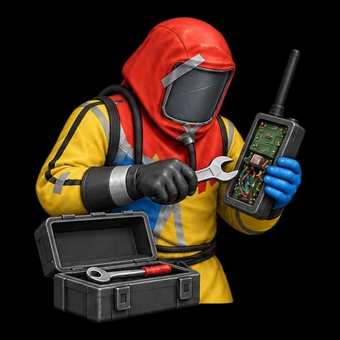 Hazmat is checking the radio with a set of tools