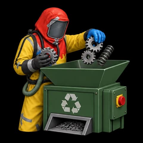 Hazmat is loading gears and springs into the green recycler in Rust