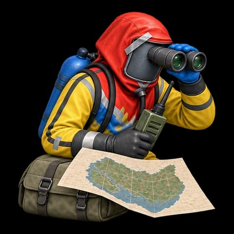 Hazmat with binoculars and a radio is looking for a server